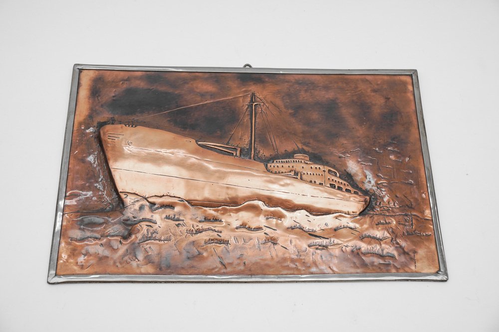 Handmade 3D Copper and Brass Ship Relief Mural