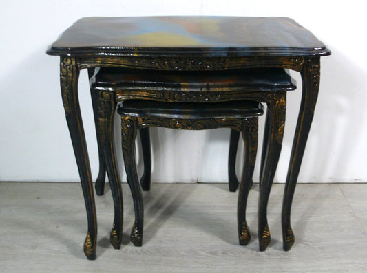 Handmade Chippendale Style Black & Colored Epoxy Resin Nesting Tables, 1940s, Set of 3