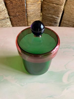 Handmade Green, Pink and Blue Glass Lidded Jar by Erik Höglund for Nordiska Kompaniet, 1992-RUK-2042720