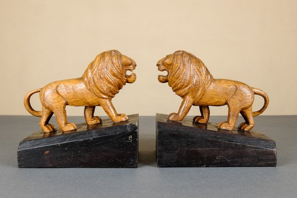 Handmade Wooden Lion Bookends, 1920s, Set of 2-YGX-747273