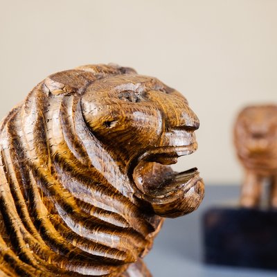 Handmade Wooden Lion Bookends, 1920s, Set of 2-YGX-747273