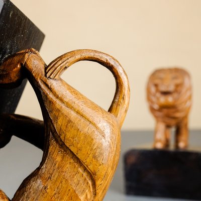 Handmade Wooden Lion Bookends, 1920s, Set of 2-YGX-747273