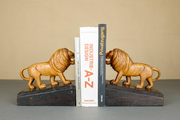 Handmade Wooden Lion Bookends, 1920s, Set of 2-YGX-747273