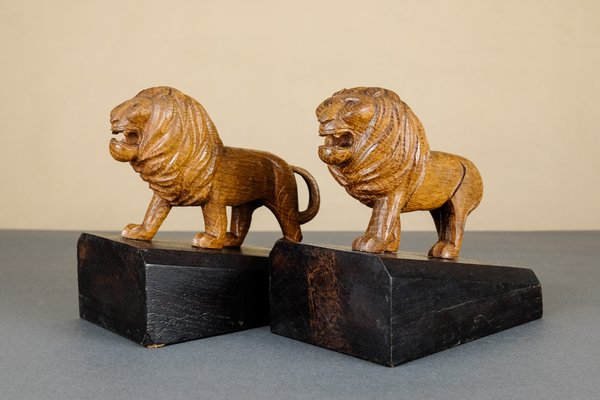 Handmade Wooden Lion Bookends, 1920s, Set of 2-YGX-747273