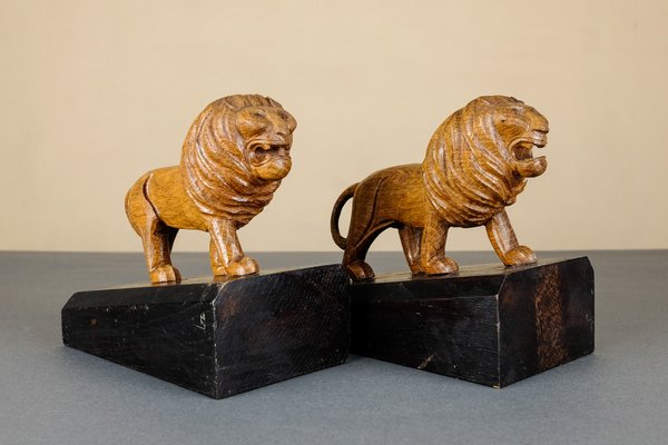 Handmade Wooden Lion Bookends, 1920s, Set of 2-YGX-747273