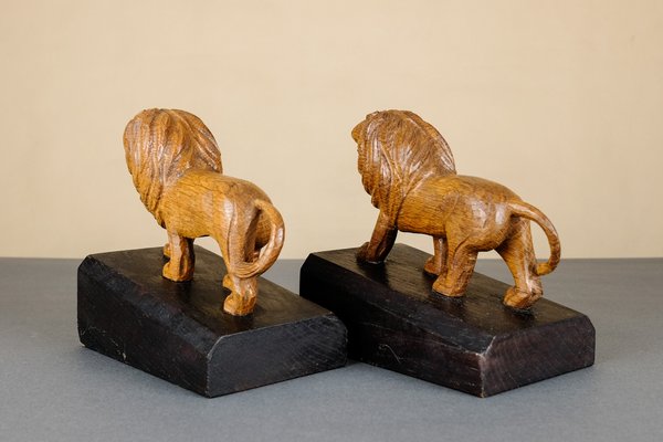 Handmade Wooden Lion Bookends, 1920s, Set of 2-YGX-747273