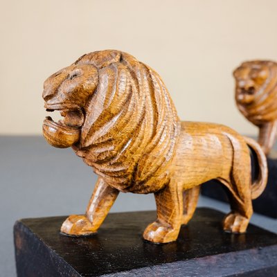 Handmade Wooden Lion Bookends, 1920s, Set of 2-YGX-747273