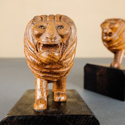 Handmade Wooden Lion Bookends, 1920s, Set of 2-YGX-747273