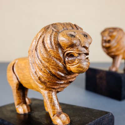 Handmade Wooden Lion Bookends, 1920s, Set of 2-YGX-747273