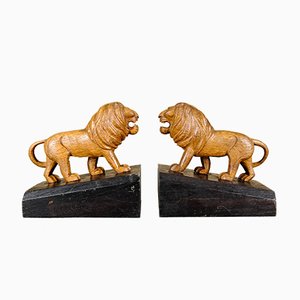 Handmade Wooden Lion Bookends, 1920s, Set of 2-YGX-747273