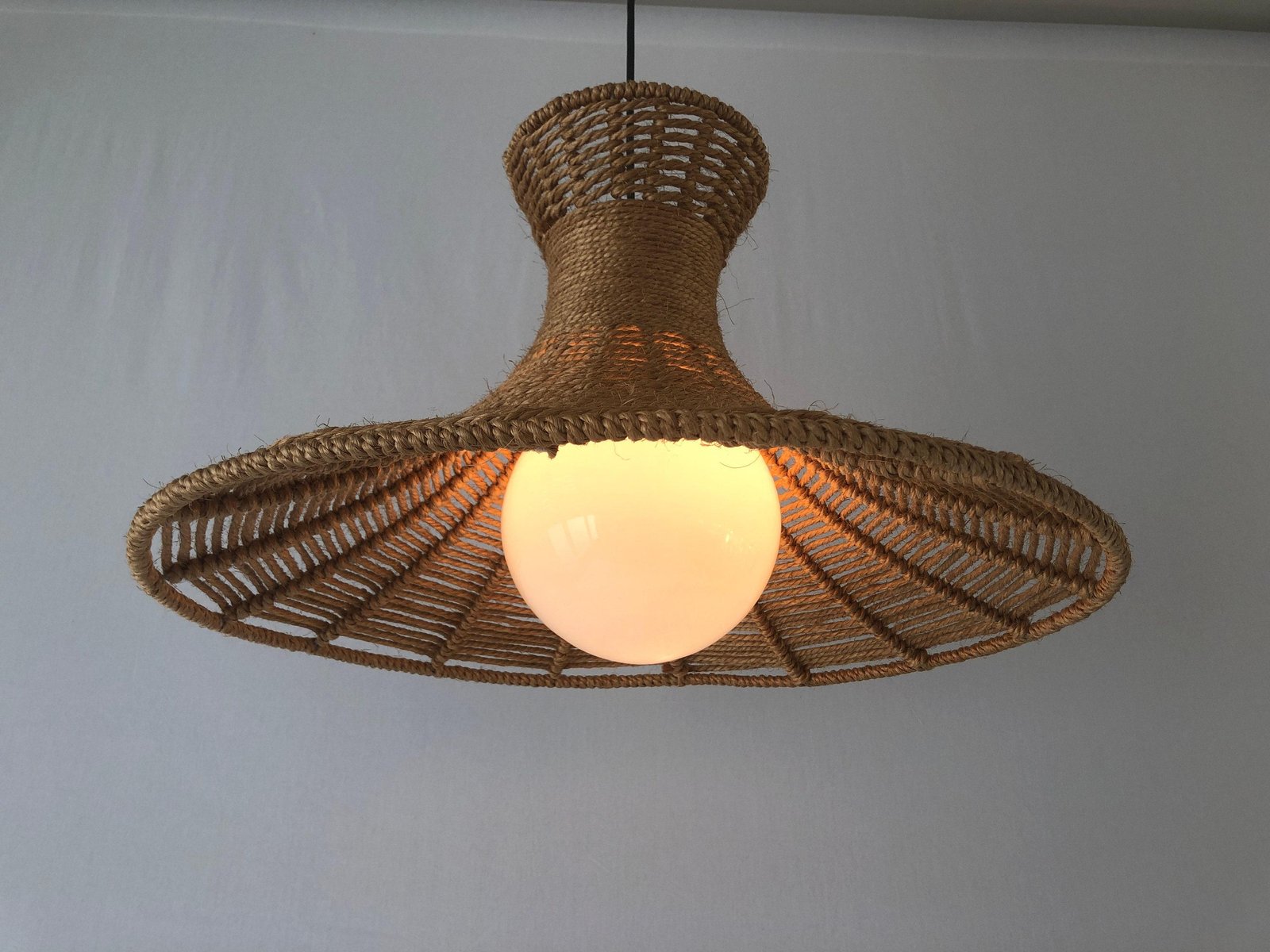 Handwoven Brown Thick Thread and Metal Body Pendant with Ball Glass Shade, Germany, 1970s