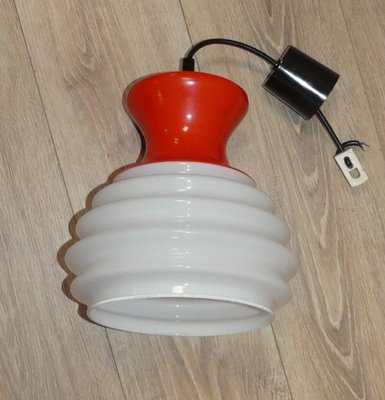 Hanging Lamp White & Red Opal Glass, 1970s-AFE-1422747