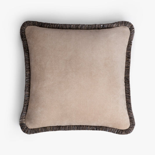 Happy Pillow Soft Velvet Cushion with Cappuccino Grey Fringes by Lorenza Briola for Lo Decor