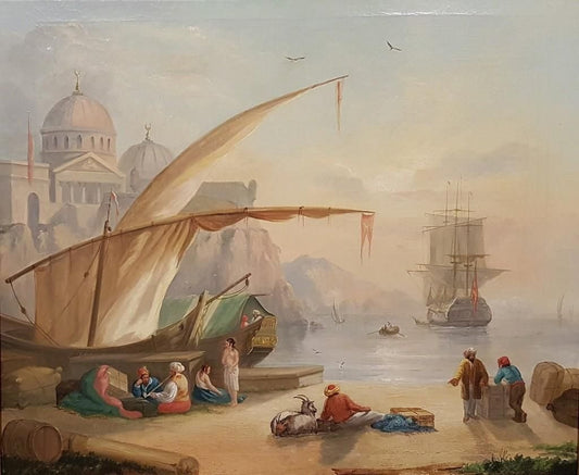 Harbor View with Merchants and a Mosque - 19th Century - Painting - Modern