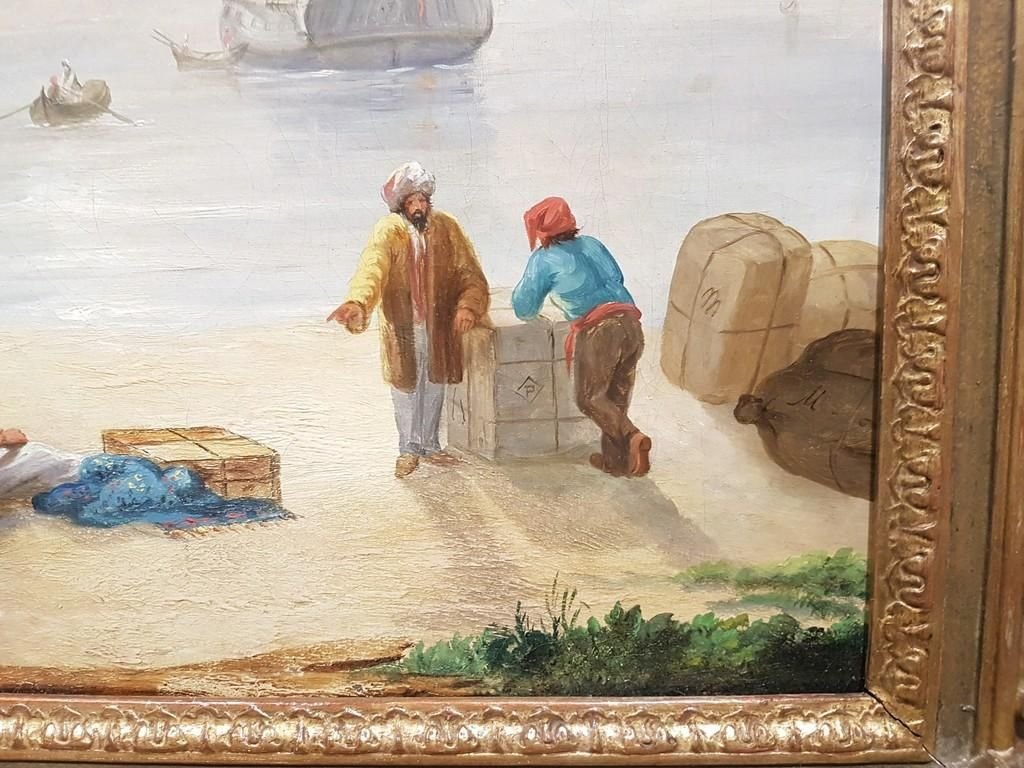 Harbor View with Merchants and a Mosque - 19th Century - Painting - Modern