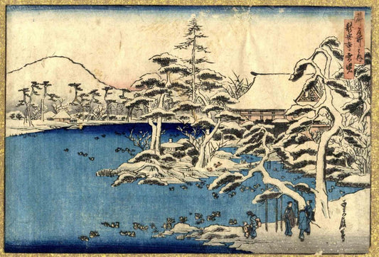 Hasegawa Sadanobu I, Ryoanji Temple in the Snow at Sunset, Woodcut, 1850