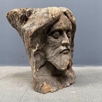 Head Carved from Wooden Trunk, 1950s-NPL-2022259