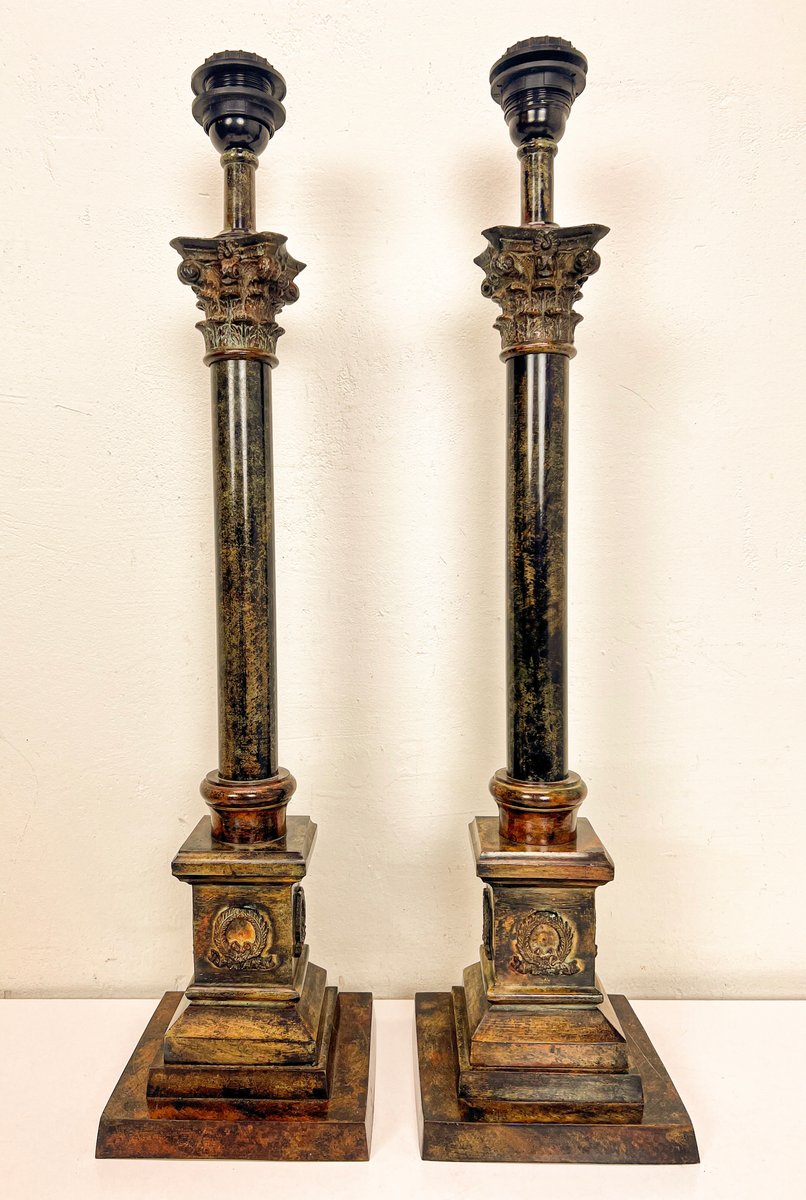 Heavy Faux Marble Iron Corinthian Style Column Table Lamps, 1960s, Set of 2