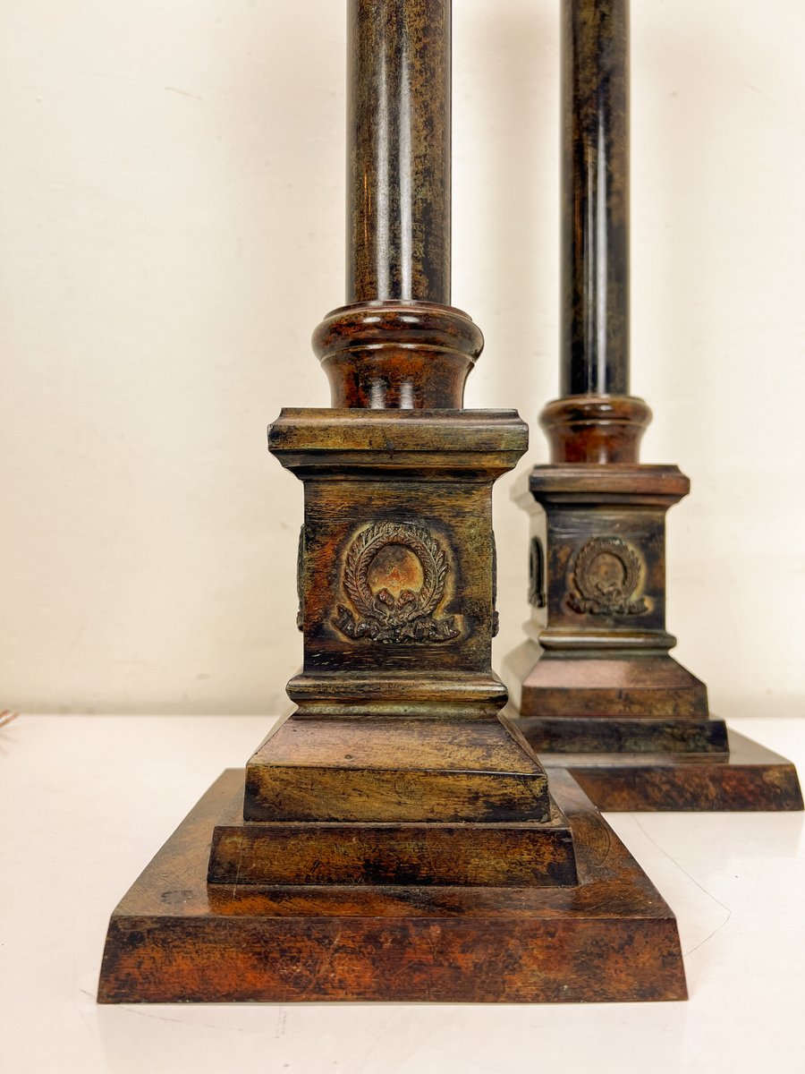 Heavy Faux Marble Iron Corinthian Style Column Table Lamps, 1960s, Set of 2