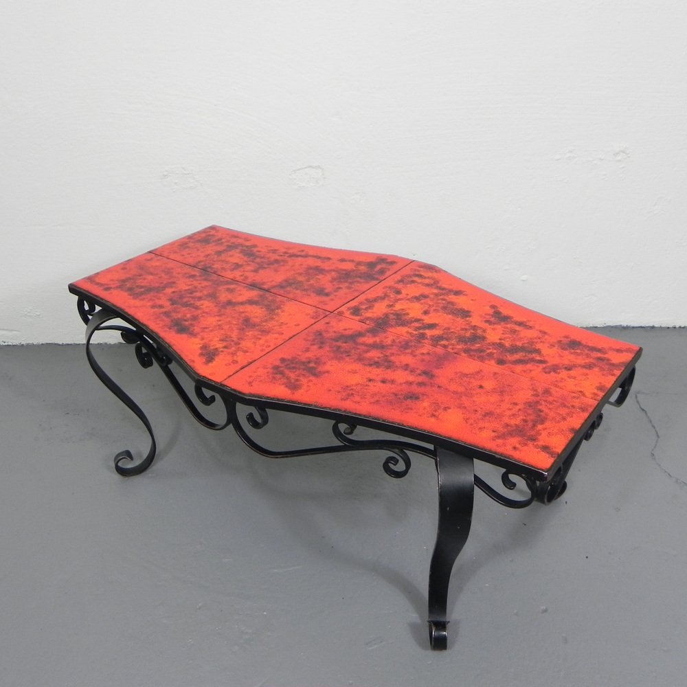 Heavy Vintage Coffee Table with 3 Tiles in Steel Frame, 1960s