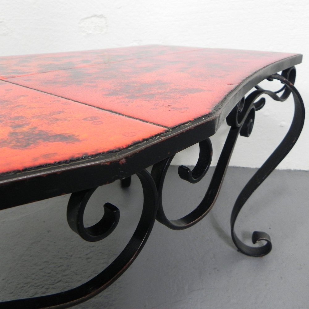 Heavy Vintage Coffee Table with 3 Tiles in Steel Frame, 1960s