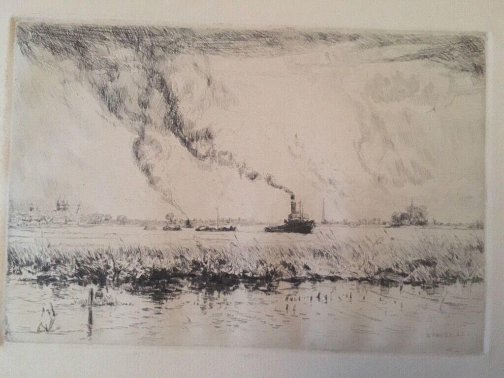 Heinrich Otto, Ships on the Rhein, Etching