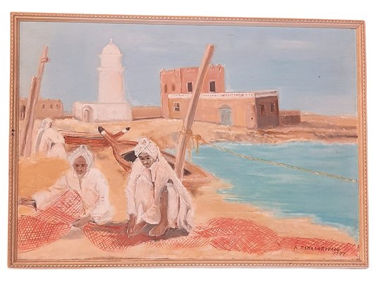 Helen Papadopoulos, Fishing in Dubai, 1977, Oil on Wood-TCS-1175411