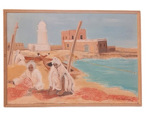 Helen Papadopoulos, Fishing in Dubai, 1977, Oil on Wood-TCS-1175411