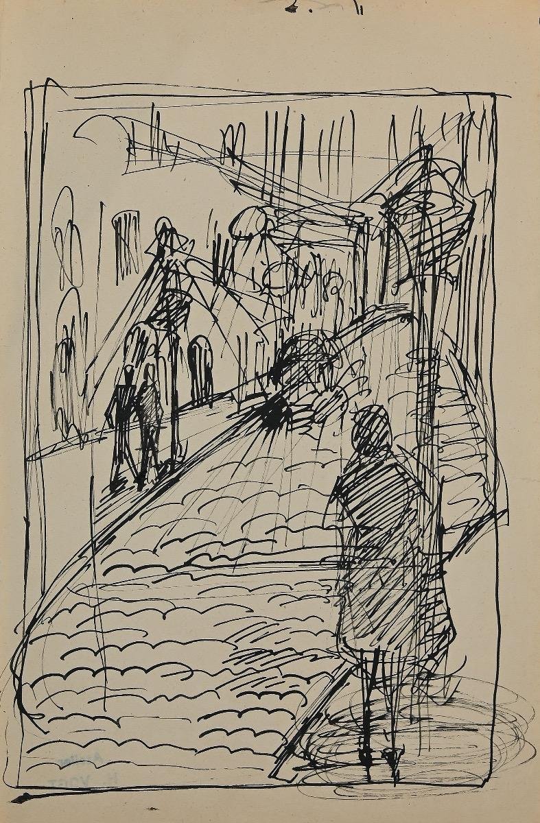 Helen Vogt, Street with Figures, Original Pencil and Ink, 1929