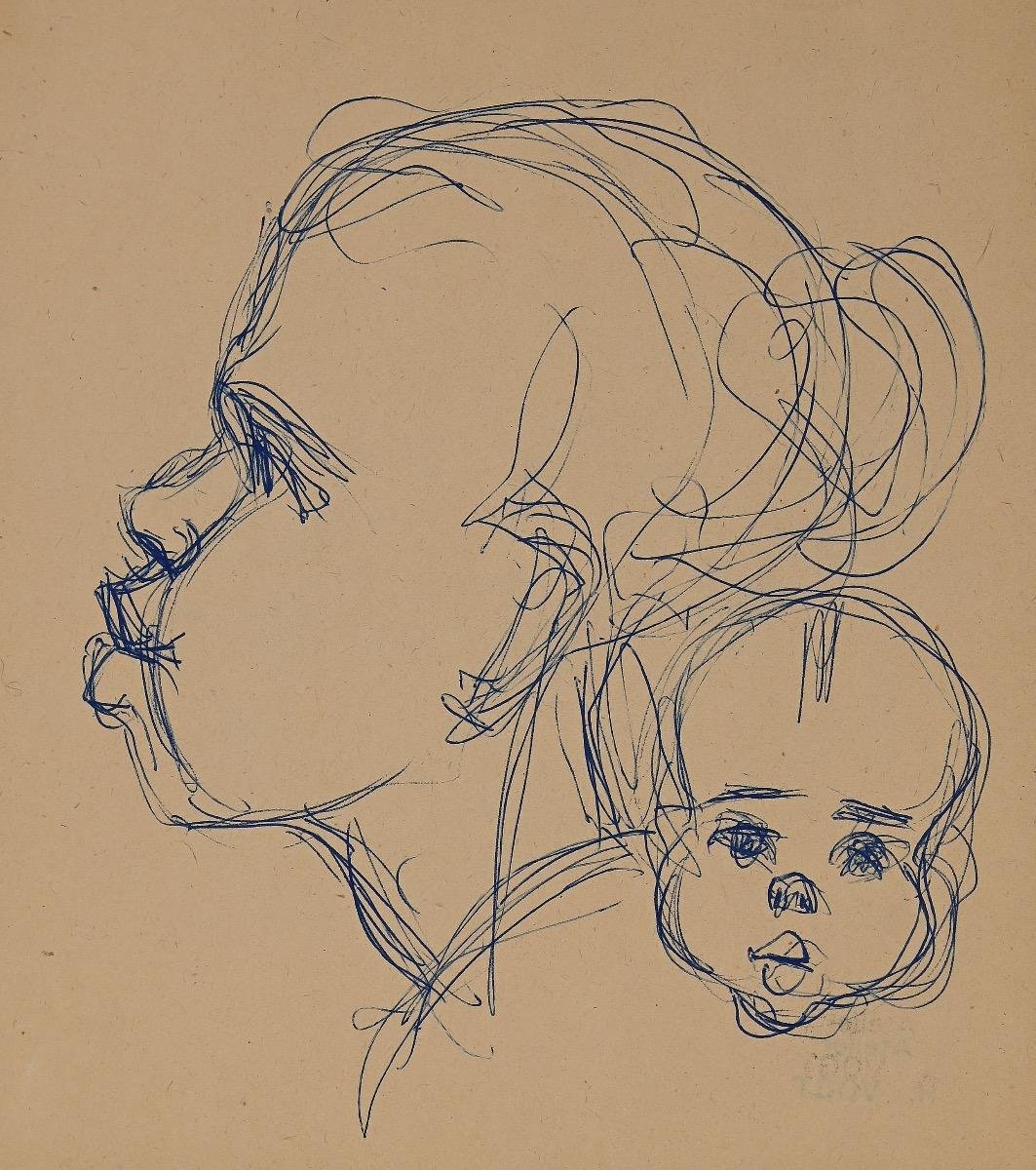 Helen Vogt, Woman with Child in Morocco, Original Ink, 1930s