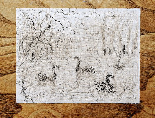 Helène Neveur, Swans on Lake, Original Hand-Signed Drawing in China Ink, Mid-20th Century-NRC-1750328