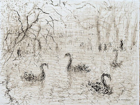 Helène Neveur, Swans on Lake, Original Hand-Signed Drawing in China Ink, Mid-20th Century-NRC-1750328