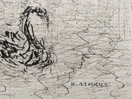 Helène Neveur, Swans on Lake, Original Hand-Signed Drawing in China Ink, Mid-20th Century-NRC-1750328