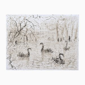 Helène Neveur, Swans on Lake, Original Hand-Signed Drawing in China Ink, Mid-20th Century-NRC-1750328