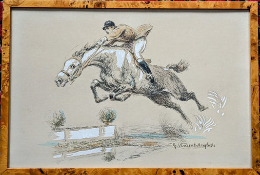 Henri Vincent-Anglade, The Long Jump, Gouache and Crayon on Paper, Framed