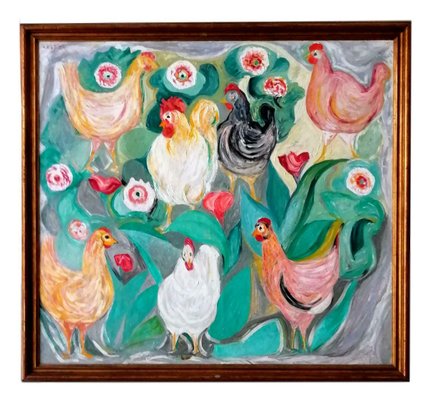 Hens Painting by Giuseppe Cesetti, 1960s-FIP-778639