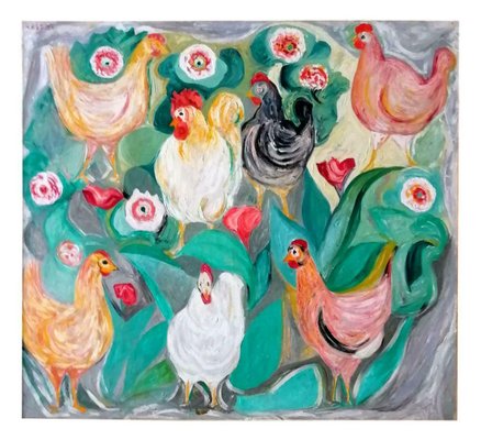 Hens Painting by Giuseppe Cesetti, 1960s-FIP-778639