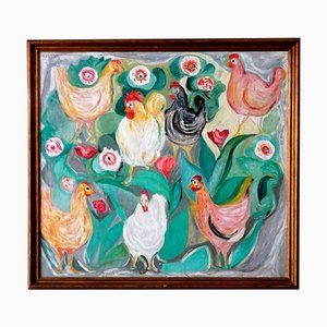 Hens Painting by Giuseppe Cesetti, 1960s-FIP-778639