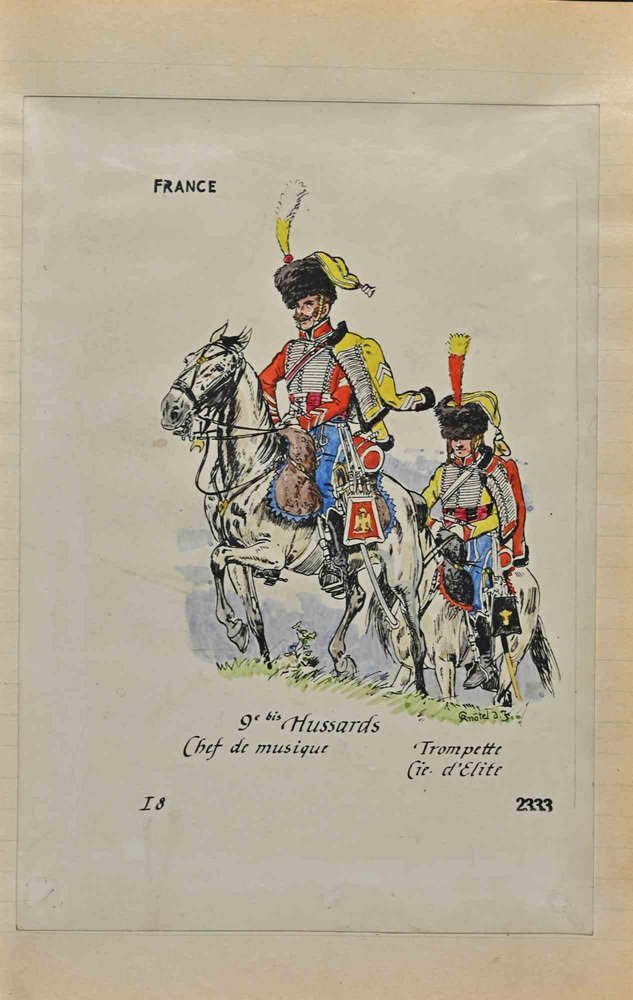 Herbert Knotel, 9e Bis Hussards, Ink & Watercolor Drawing, 1940s