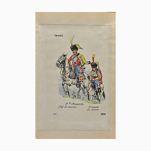 Herbert Knotel, 9e Bis Hussards, Ink & Watercolor Drawing, 1940s-ZCI-1310282