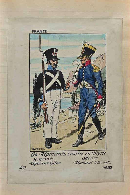 Herbert Knotel, Croatian Regiments in Illyria, Ink & Watercolor Drawing, 1940s