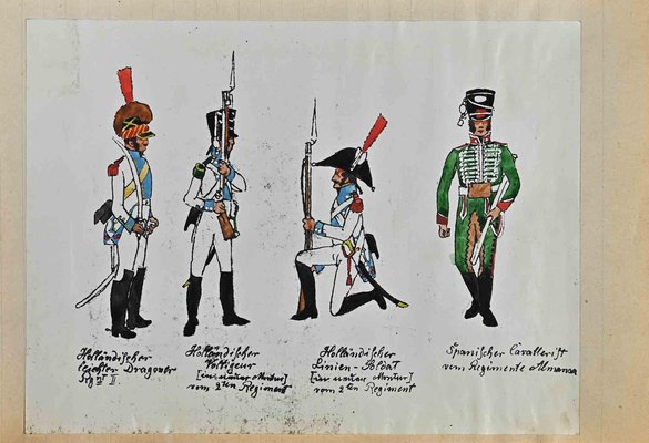 Herbert Knotel, Dutch and Spanish Soldiers, Original Ink & Watercolor Drawing, 1940s-ZCI-1310279