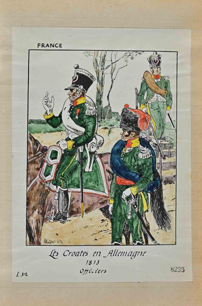 Herbert Knotel, Le Croates en Allemagne (French Army), Original Ink & Watercolor Drawing, 1940s