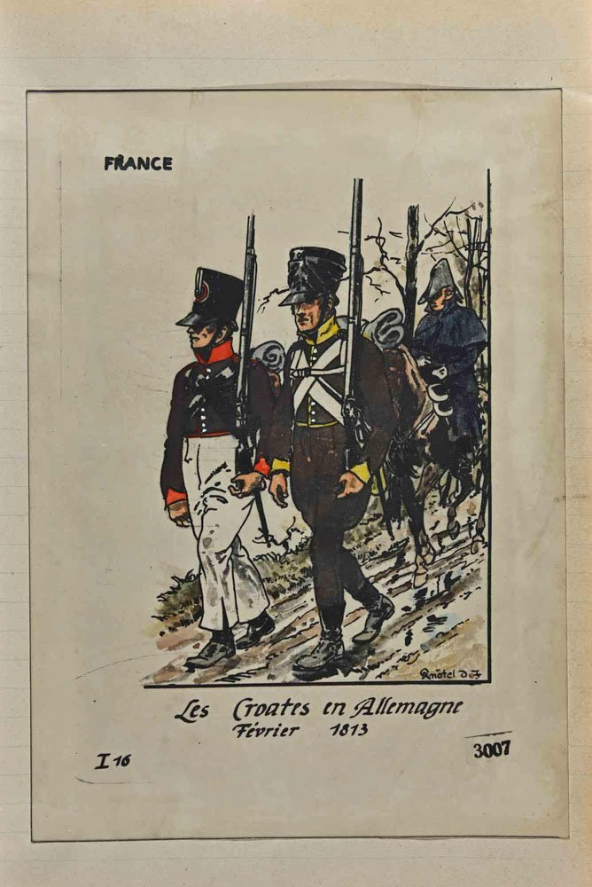 Herbert Knotel, Les Croates en Allemagne 1813, Ink & Watercolor Drawing, 1940s