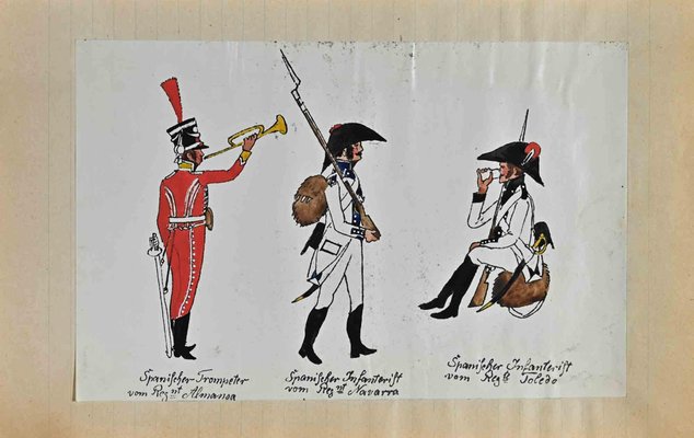 Herbert Knotel, Spanish Soldiers, Original Ink & Watercolor Drawing, 1940s