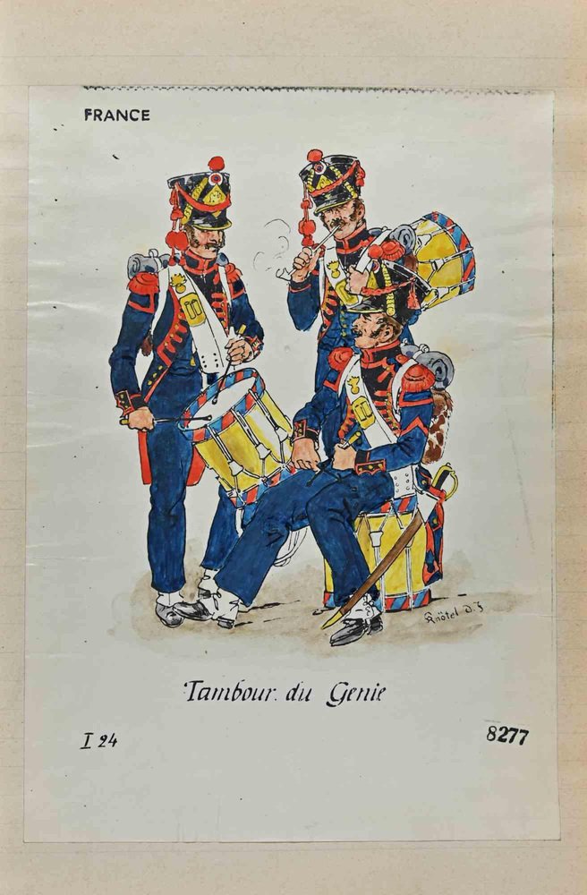 Herbert Knotel, Tambour Du Genie (French Army), Original Ink & Watercolor Drawing, 1940s