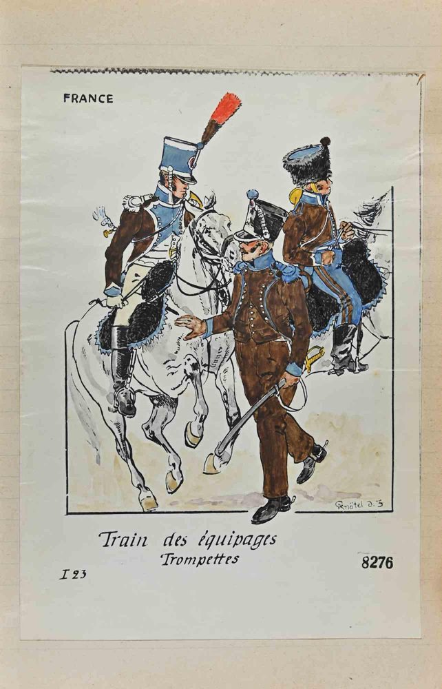 Herbert Knotel, Train Des Equipages Trompettes (French Army), Ink & Watercolor Drawing, 1940s