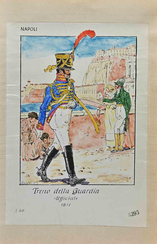 Herbert Knotel, Treno della Guardia Ufficiale 1811, Original Ink & Watercolor Drawing, 1940s