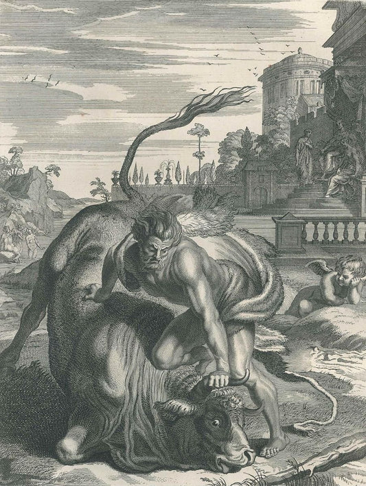 Hercule et le Taureau, from ''Le Temple des Muses'' by B. Picart 1742