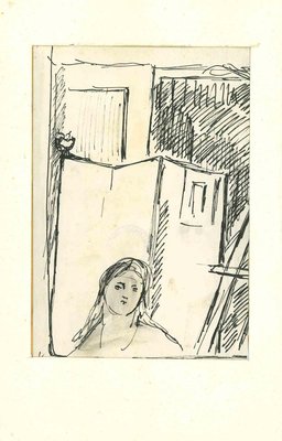 Herta Hausmann, Figure in an Interior, Pen Drawing, Mid-20th Century-ZCI-963524